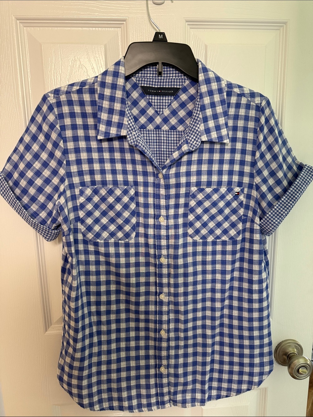 Tommy Hilfiger Blue and White Gingham Short Sleeve Button-Down Shirt